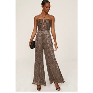 YUMI KIM Gold Metallic Kimora Wide Legs Halter Neck Tie Jumpsuit Size Small